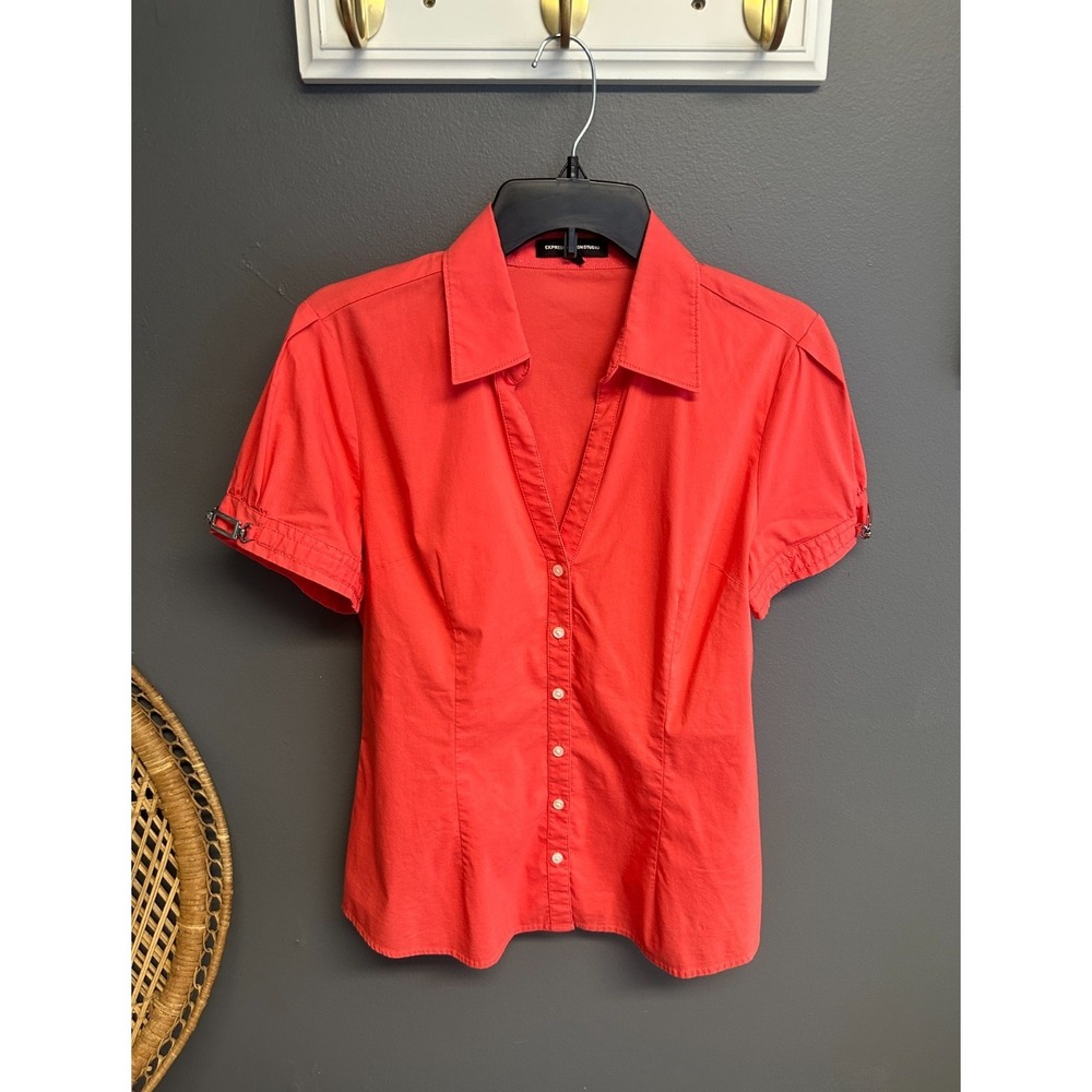 Vintage Express Design Studio Womens Size L Top Coral Buckle Blouse Y2K Office